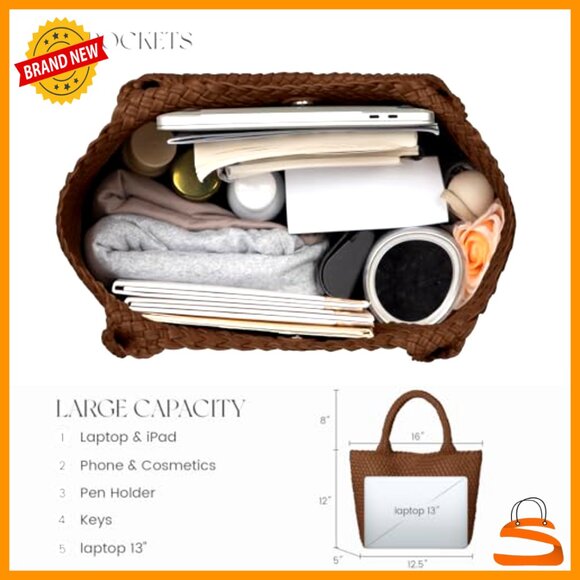 Large Woven Vegan Leather Laptop Tote Bag Lightweight Work Purse Satchel - Picture 4 of 7